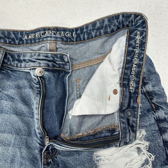 American Eagle Shorts 14 Highest Rise Baggy Midi Blue Denim Distressed Grunge - Picture 9 of 10